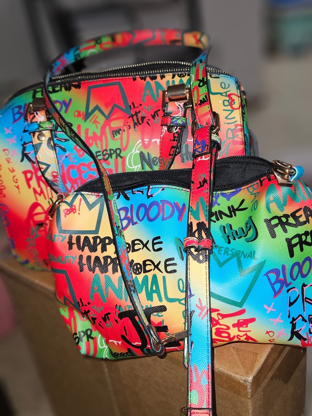 Multicolor Graffiti Satchel Handbag Set - Women Bags